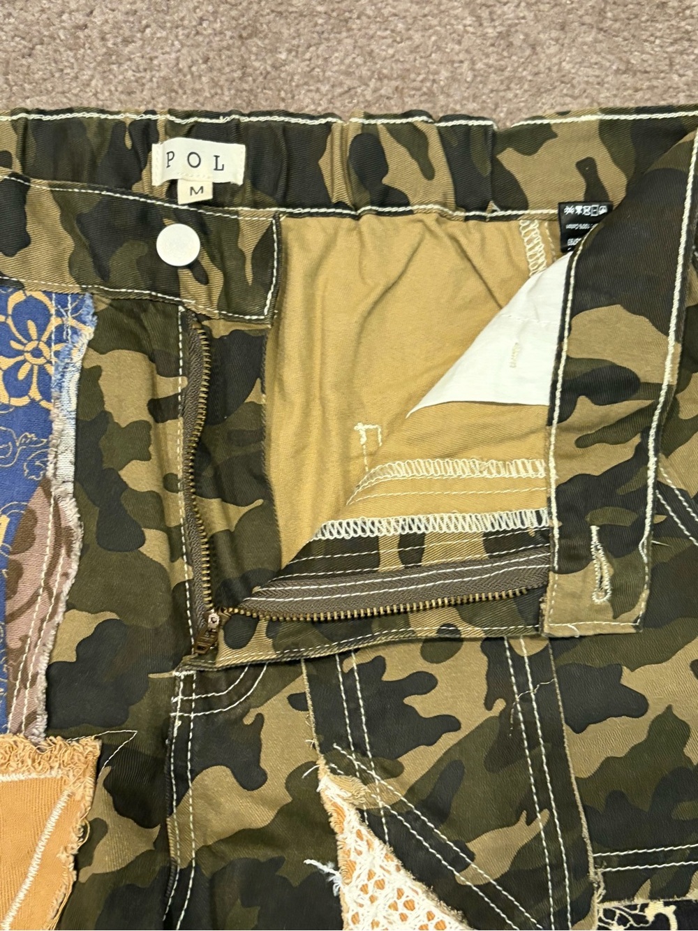 Pol Hunting Wives SzMed Patchwork Camo Wide-Leg Pants Olive/Beige - Picture 7 of 16